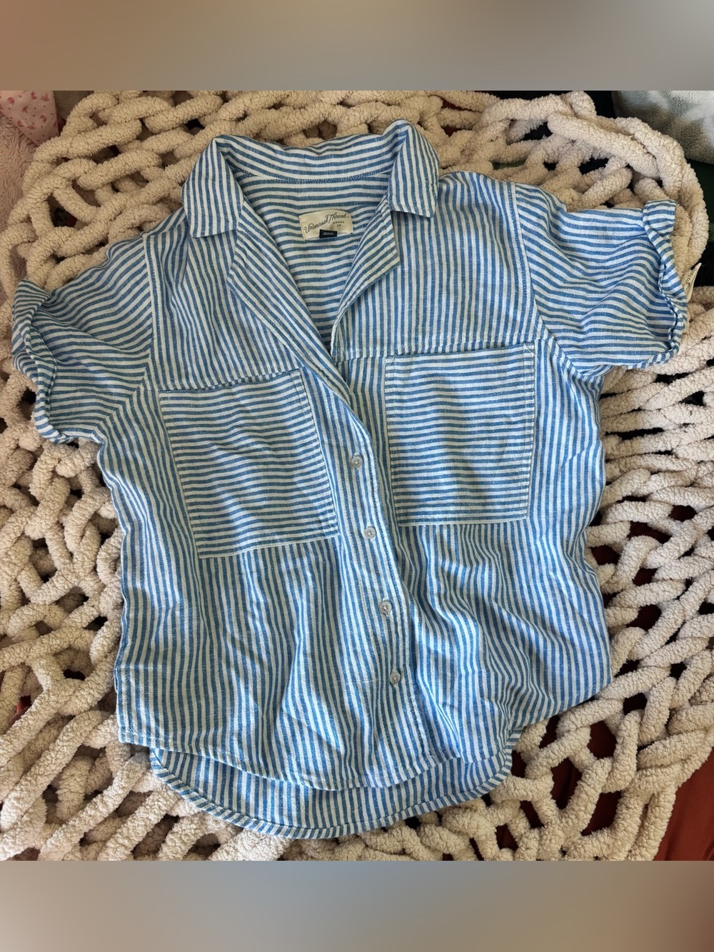 Blue & White Striped Button-Up Shirt - Lightweight Short Sleeve